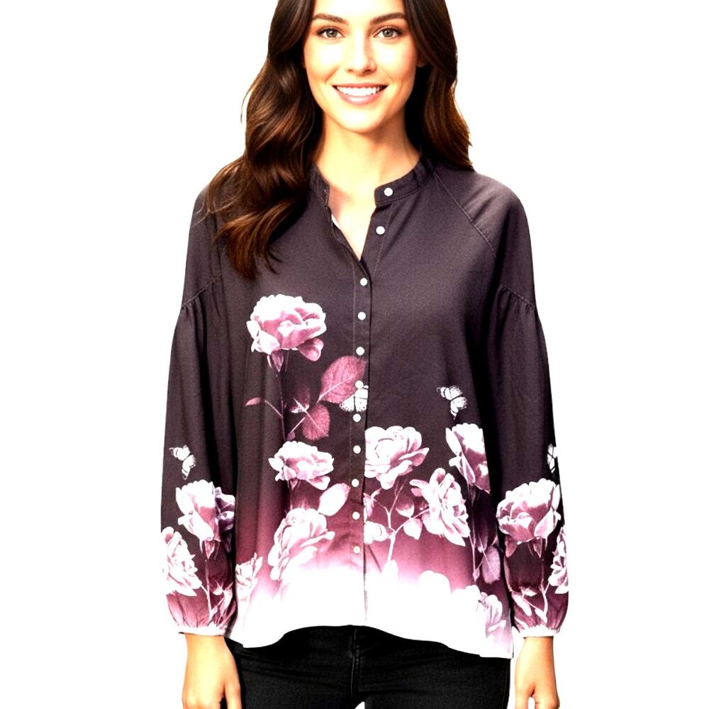 Sheilay XXL Purple Floral Women's Long Sleeve Top Shirt Plus Size 2XL 2X 18W 20W